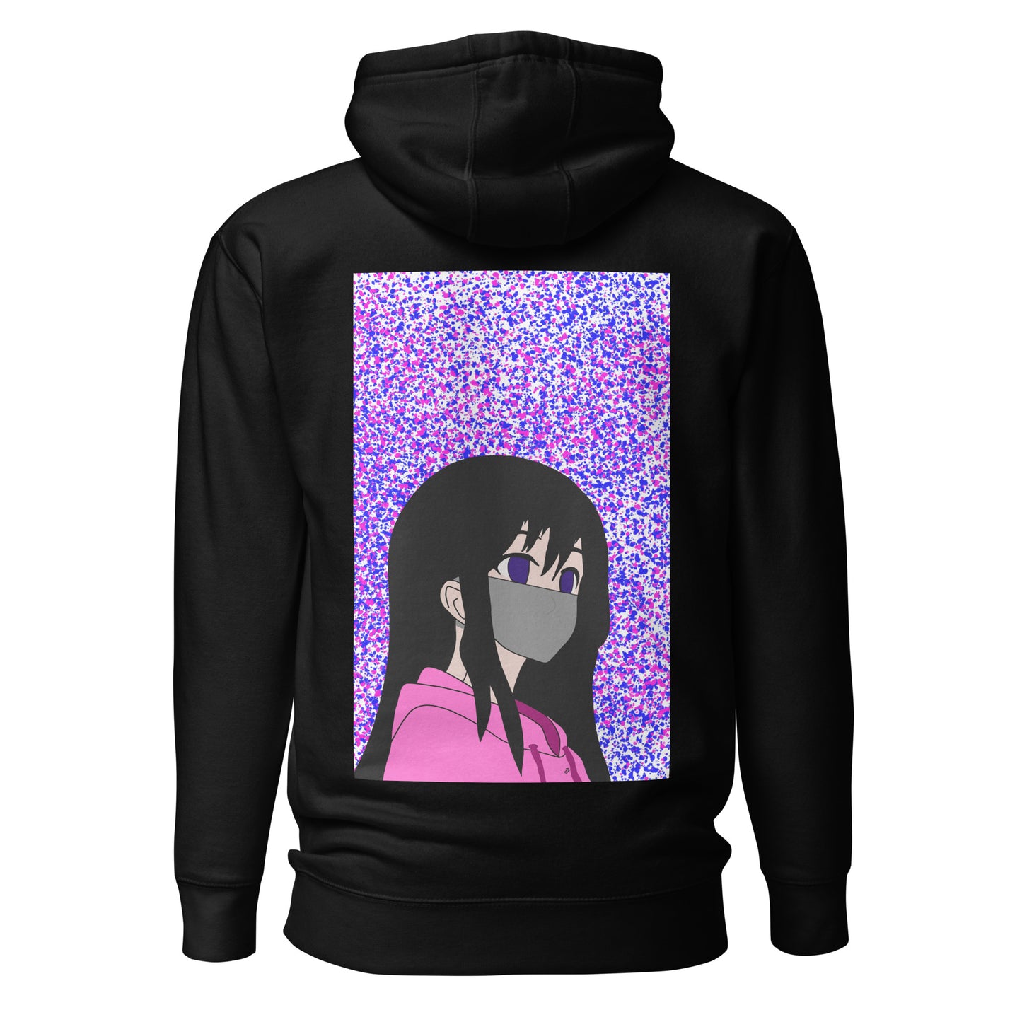 Black hoodie with an anime design on the back against a white back ground.