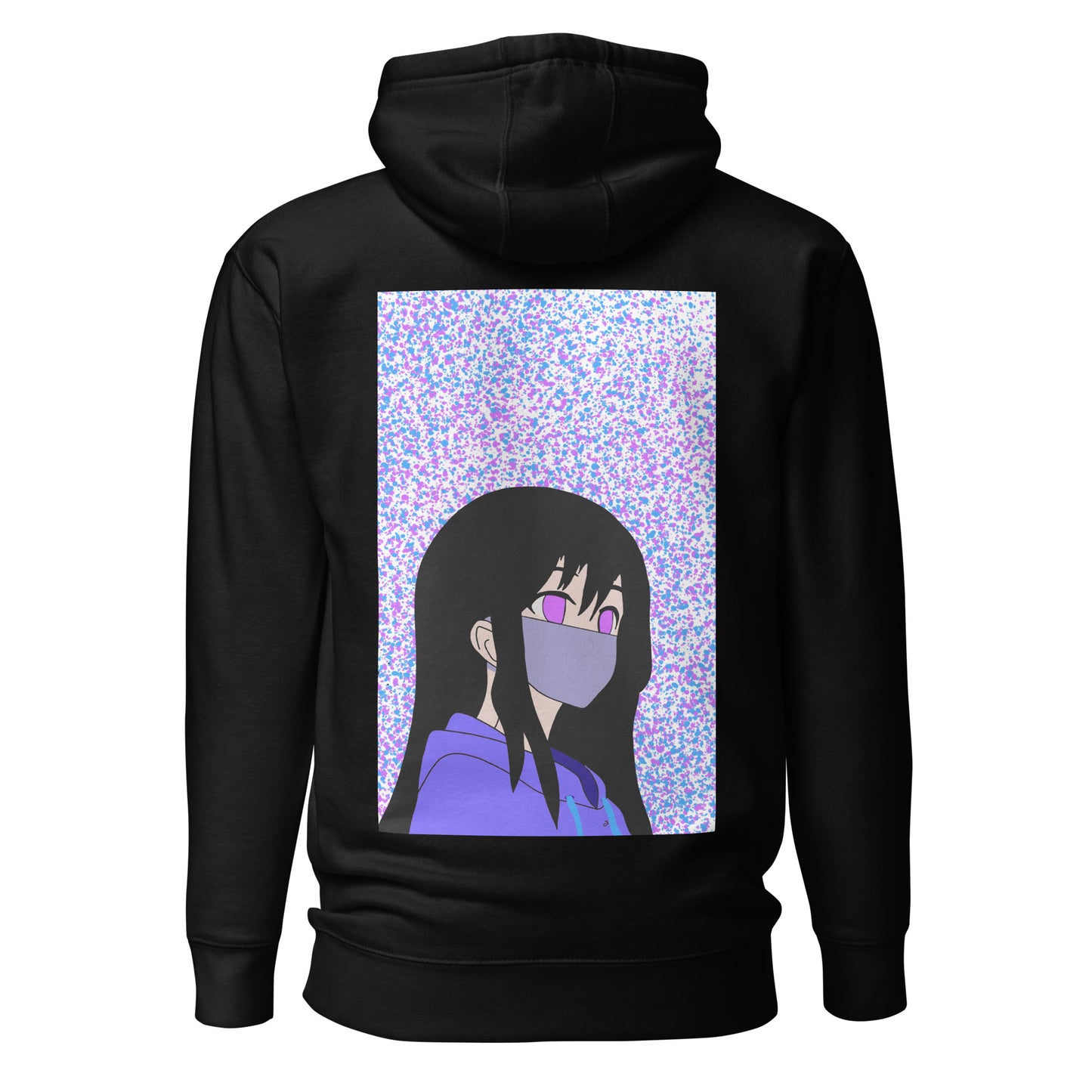 Black hoodie with an anime design on the back against a white back ground.