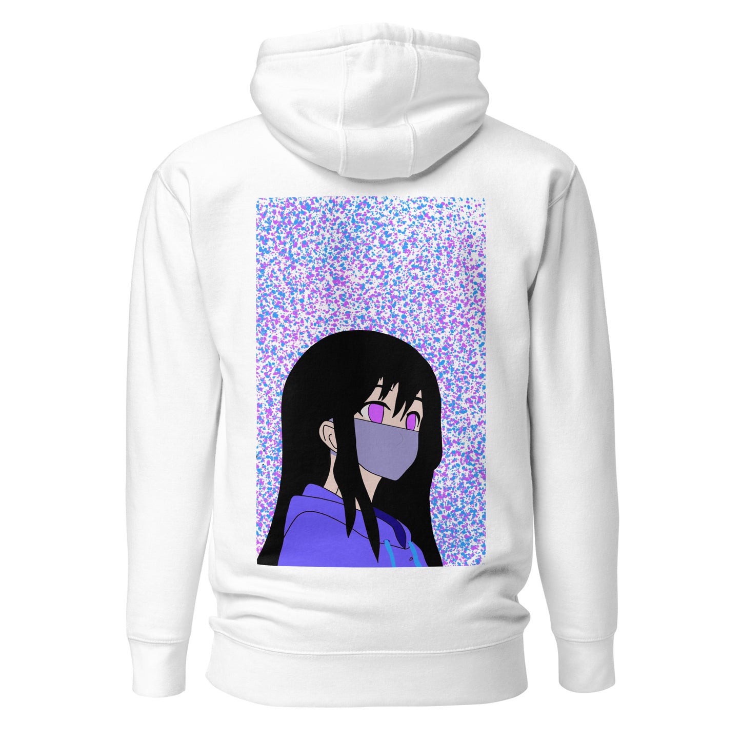 White hoodie with an anime design on the back against a white back ground.