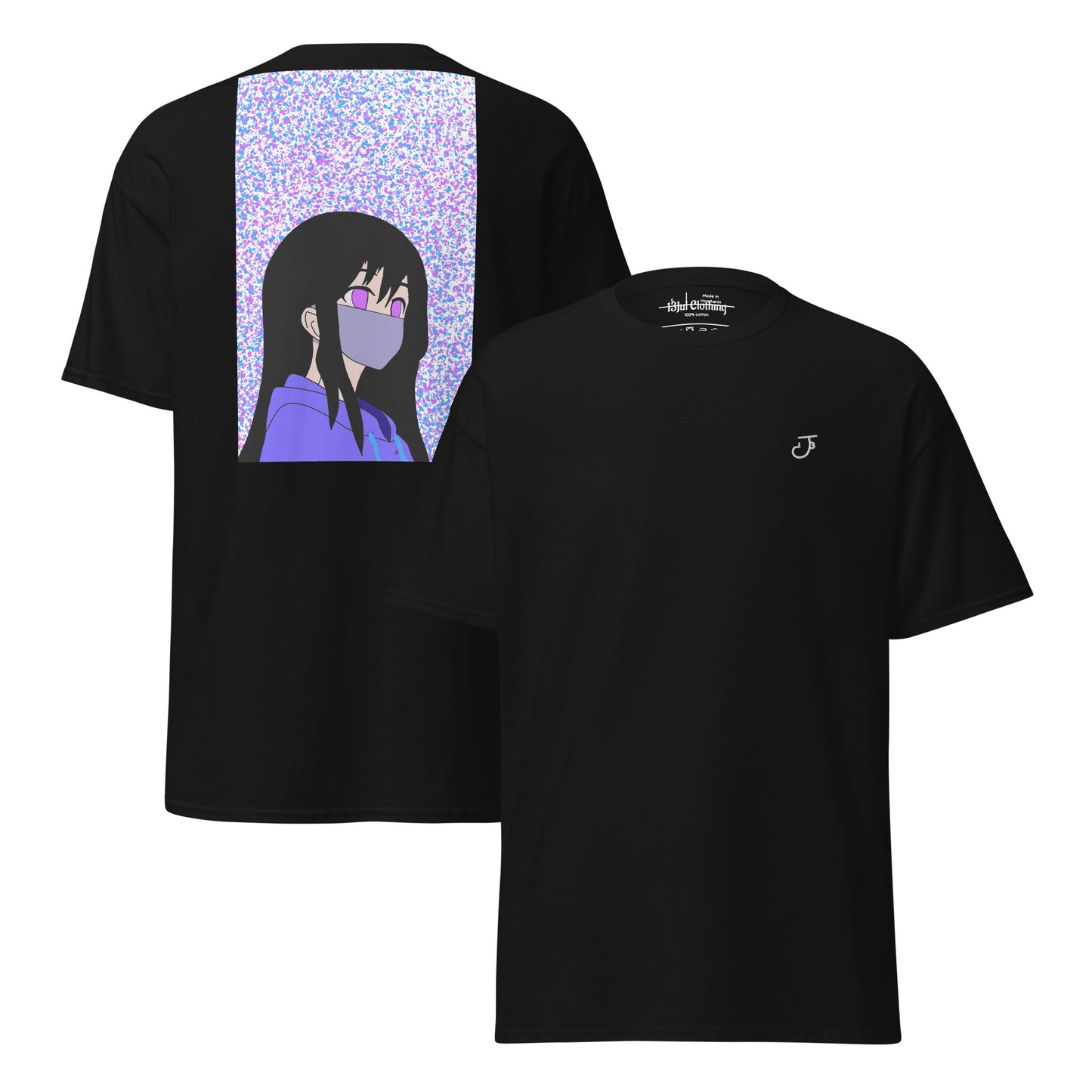 Black t-shirt with an anime design on the back and 13Jul Clothing logo on the chest, displayed on a white background.