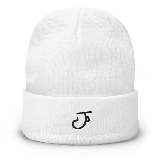 White beanie with an 13Jul Clothing logo on the front against a white back ground.