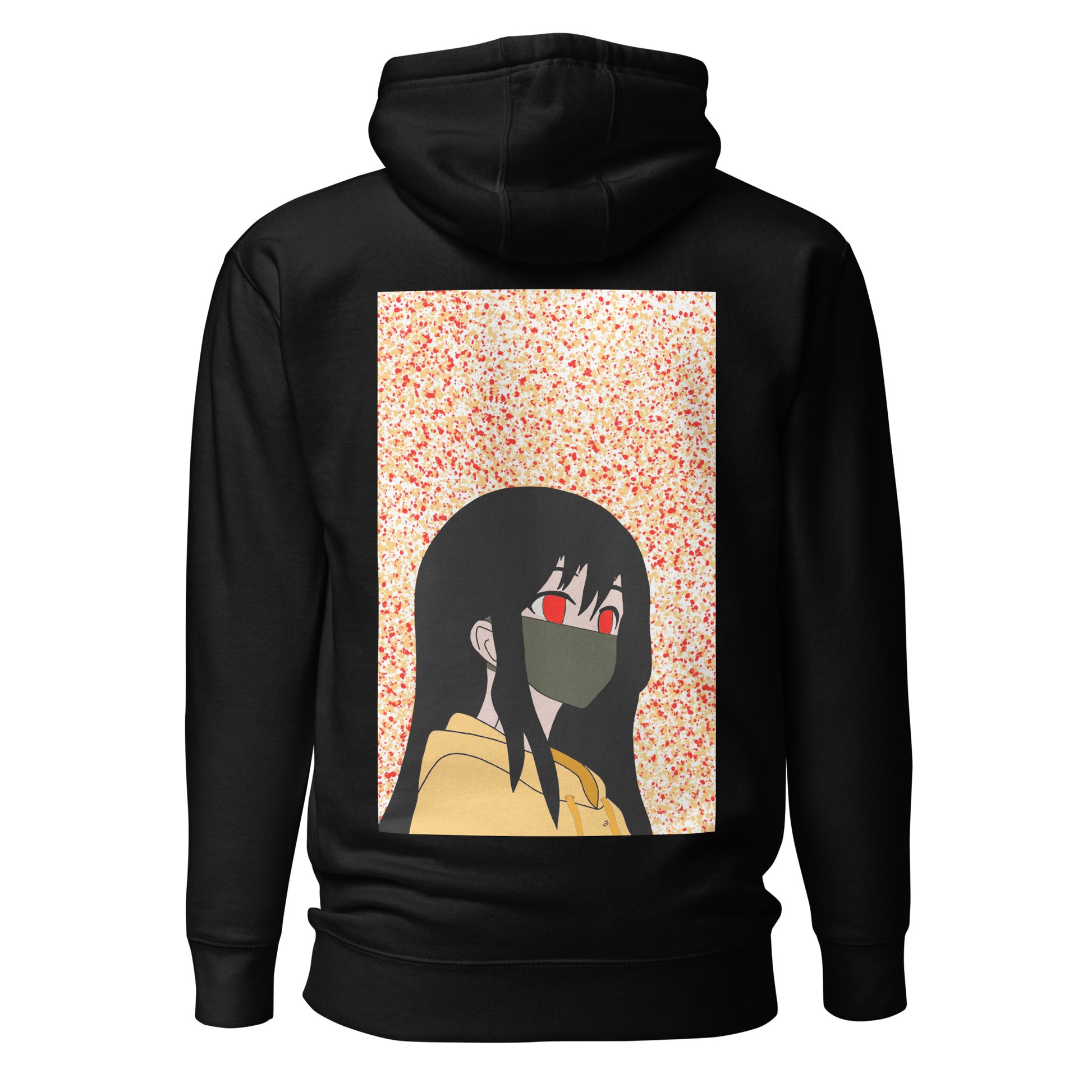 Black hoodie with an anime design on the back against a white back ground.
