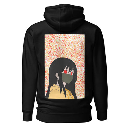 Black hoodie with an anime design on the back against a white back ground.

