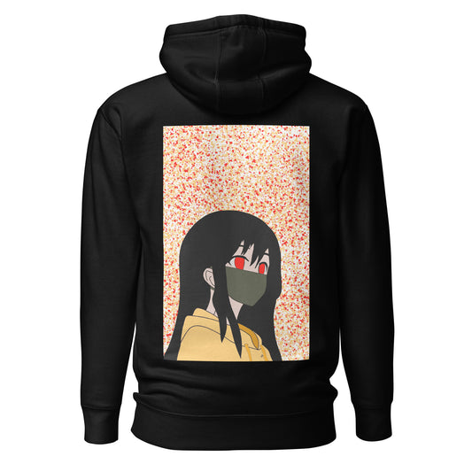 Black hoodie with an anime design on the back against a white back ground.
