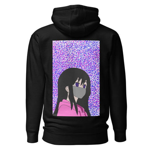 Black hoodie with an anime design on the back against a white back ground.
