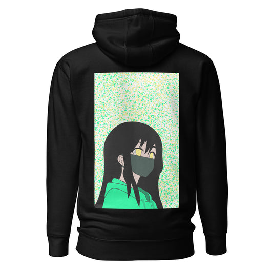Black hoodie with an anime design on the back against a white back ground.
