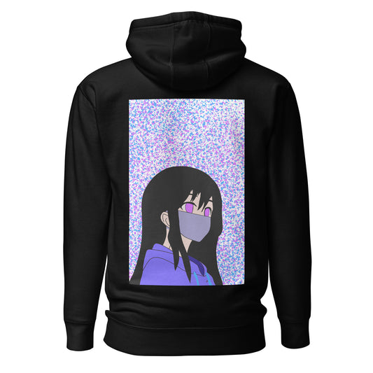 Black hoodie with an anime design on the back against a white back ground.
