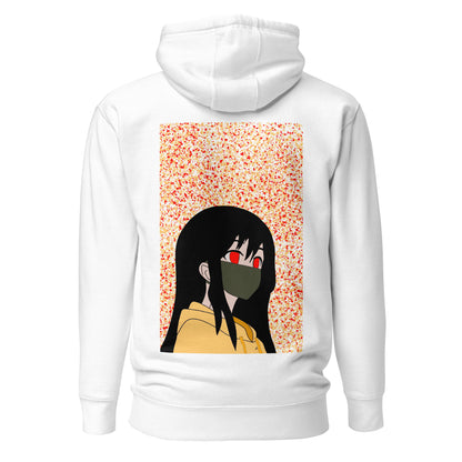 White hoodie with an anime design on the back against a white back ground.
