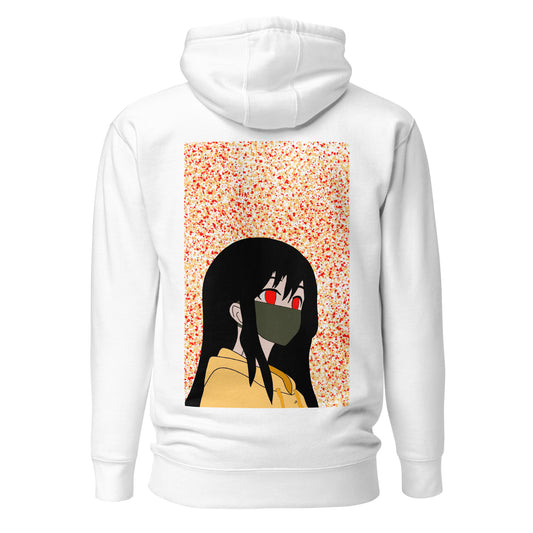 White hoodie with an anime design on the back against a white back ground.
