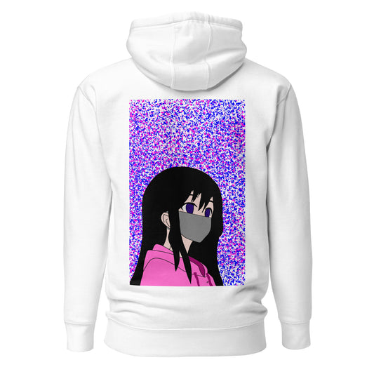 White hoodie with an anime design on the back against a white back ground.
