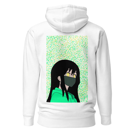 White hoodie with an anime design on the back against a white back ground.
