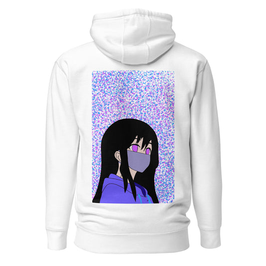 White hoodie with an anime design on the back against a white back ground.
