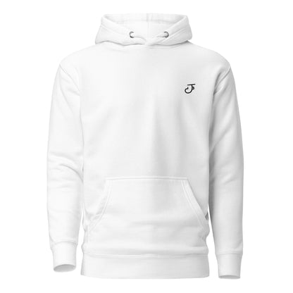 White hoodie with an 13Jul Clothing logo on the front against a white back ground.