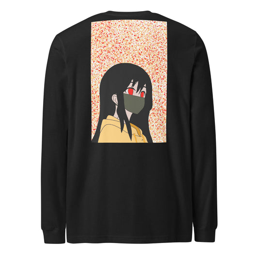 Black long-sleeve shirt with an anime design on the back against a white back ground.
