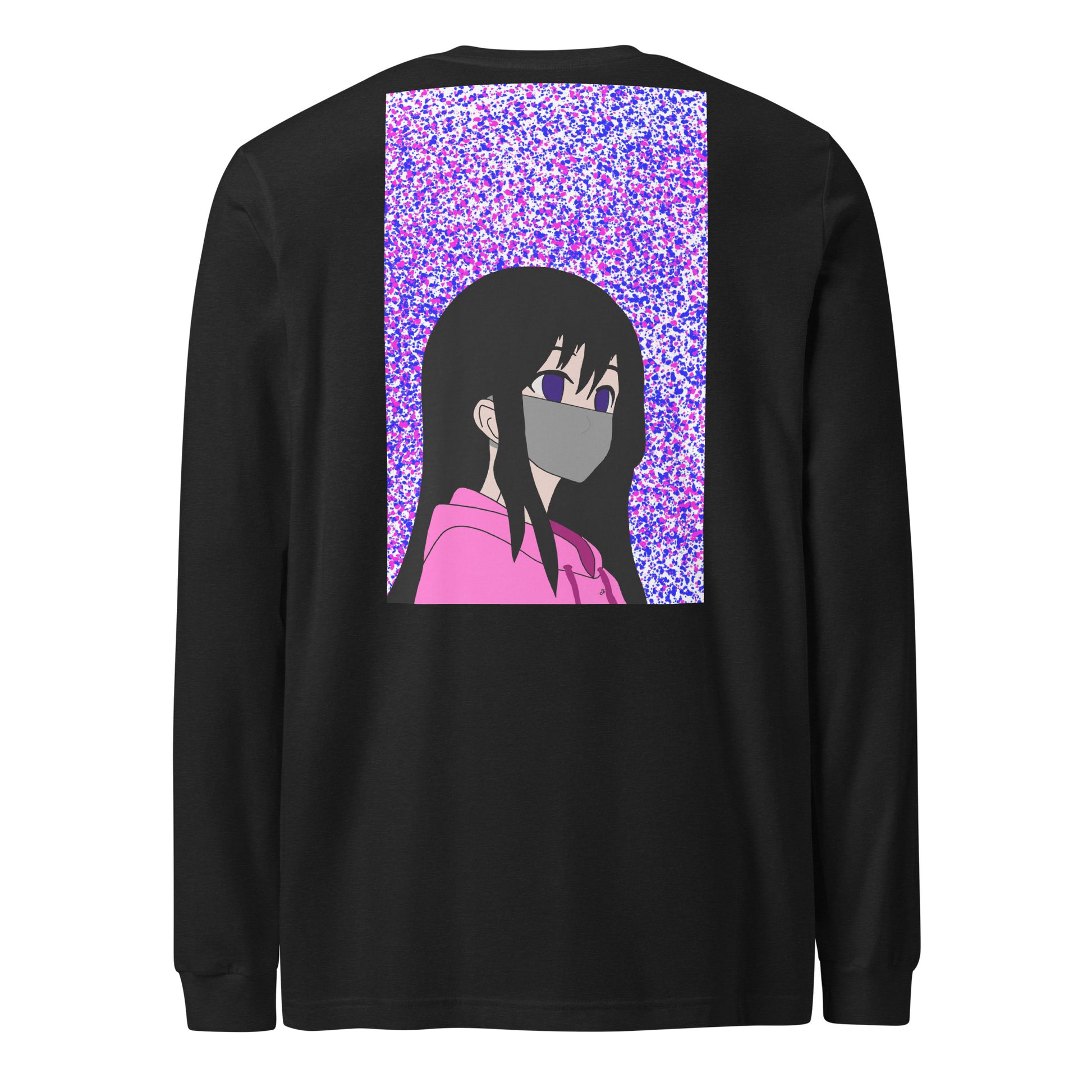Black long-sleeve shirt with an anime design on the back against a white back ground.

