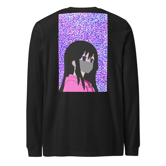 Black long-sleeve shirt with an anime design on the back against a white back ground.
