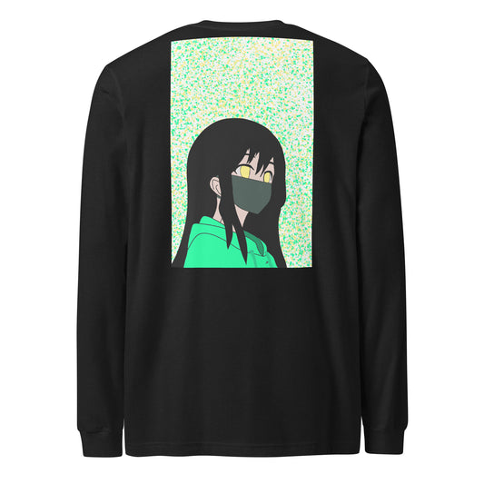 Black long-sleeve shirt with an anime design on the back against a white back ground.
