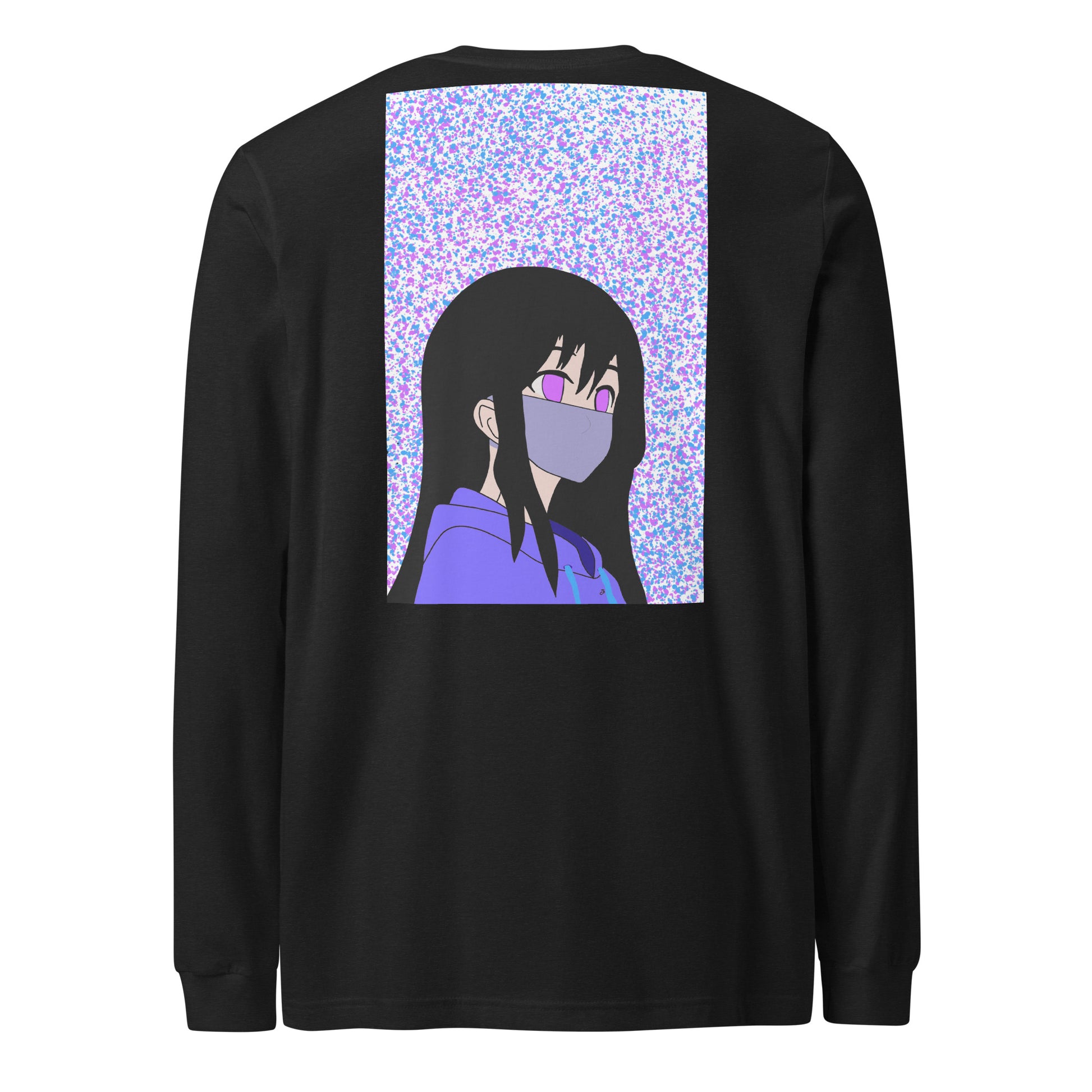 Black long-sleeve shirt with an anime design on the back against a white back ground.

