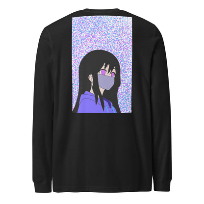 Black long-sleeve shirt with an anime design on the back against a white back ground.
