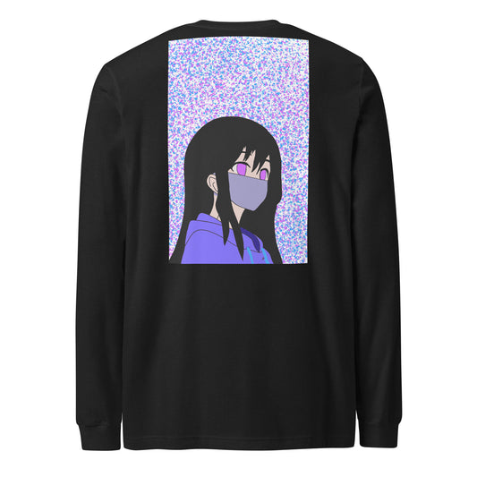 Black long-sleeve shirt with an anime design on the back against a white back ground.
