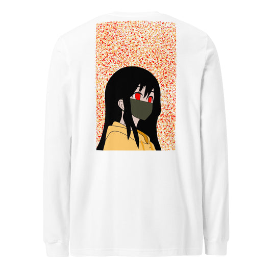 White long-sleeve shirt with an anime design on the back against a white back ground.
