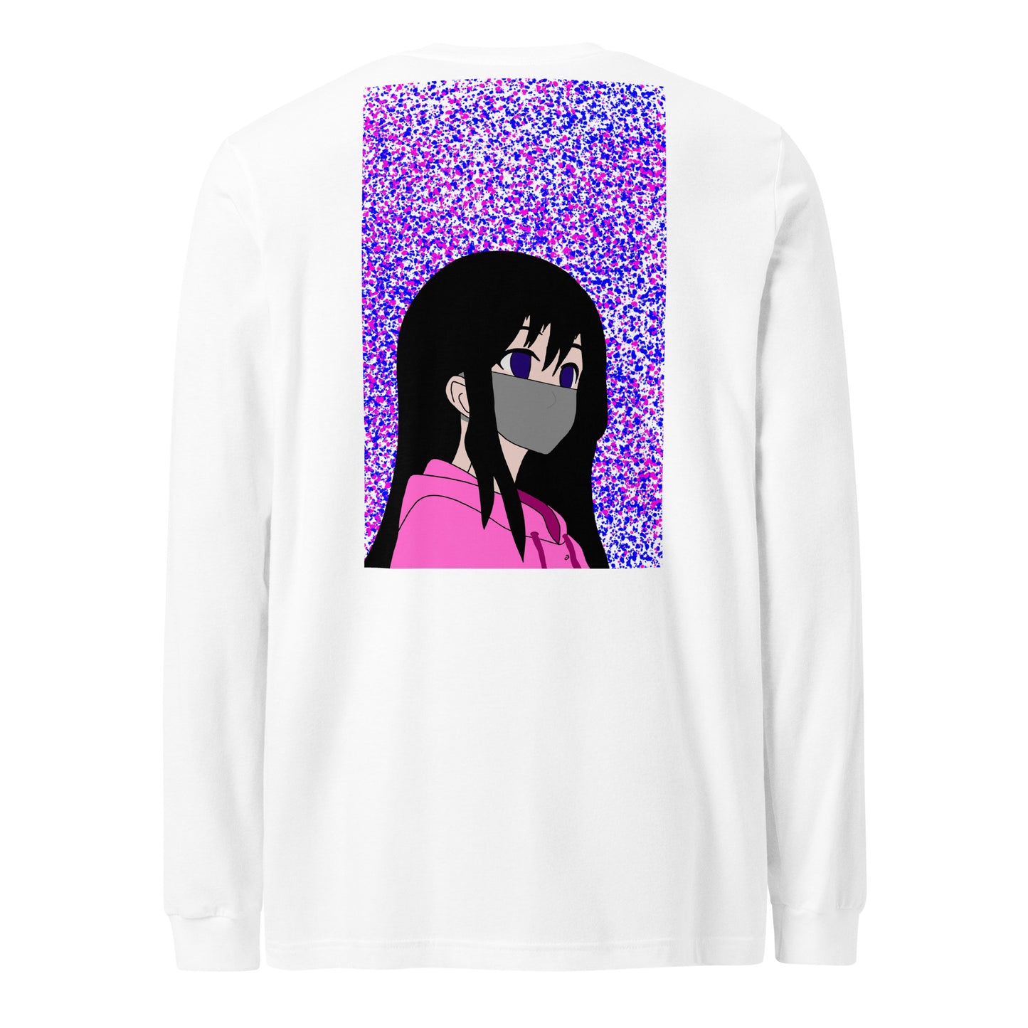 White long-sleeve shirt with an anime design on the back against a white back ground.

