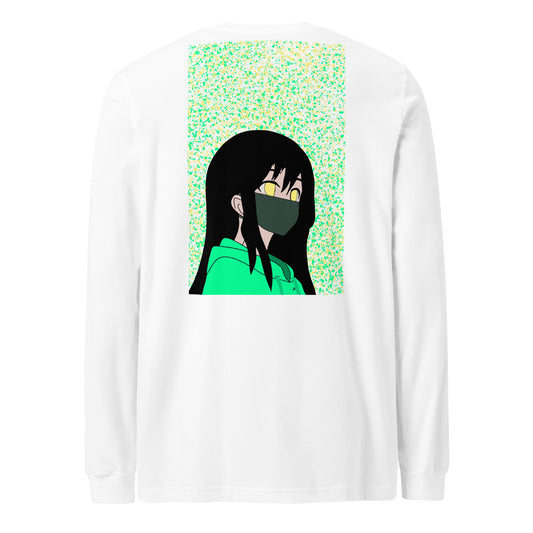 White long-sleeve shirt with an anime design on the back against a white back ground.
