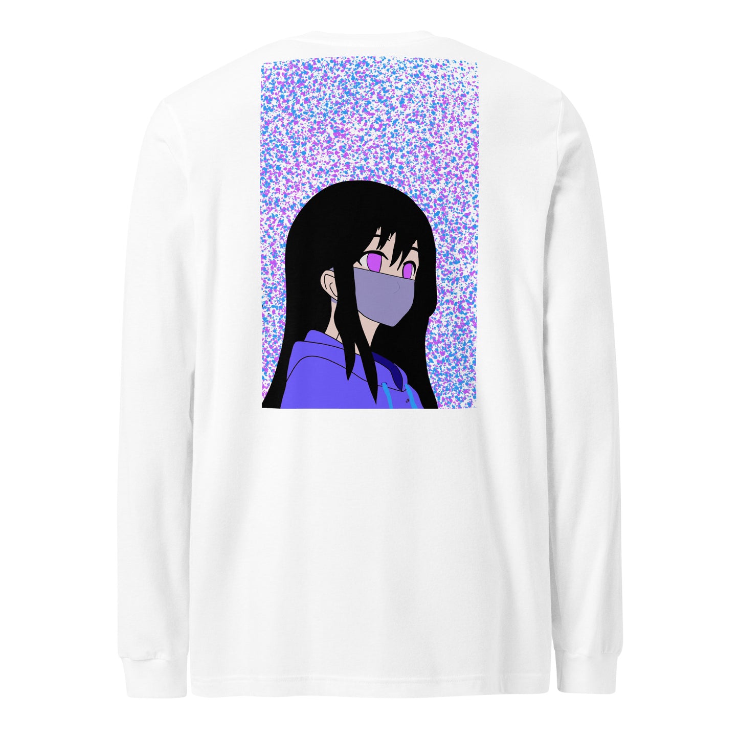 White long-sleeve shirt with an anime design on the back against a white back ground.
