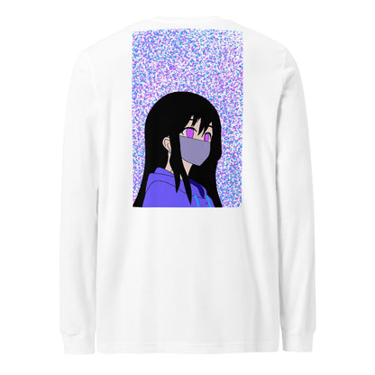 White long-sleeve shirt with an anime design on the back against a white back ground.
