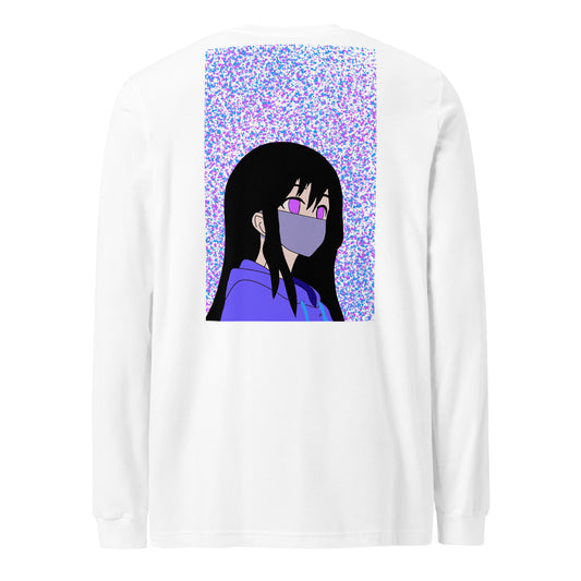 White long-sleeve shirt with an anime design on the back against a white back ground.
