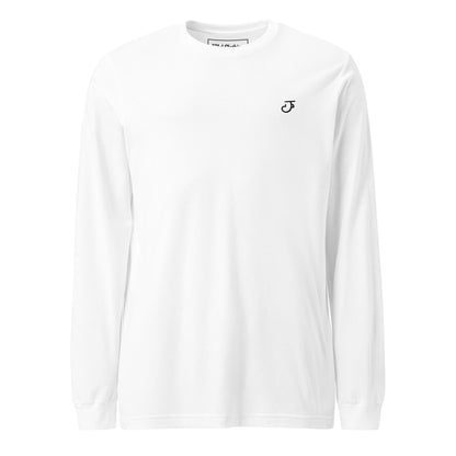 White long-sleeve shirt with an 13Jul Clothing logo on the front against a white back ground.