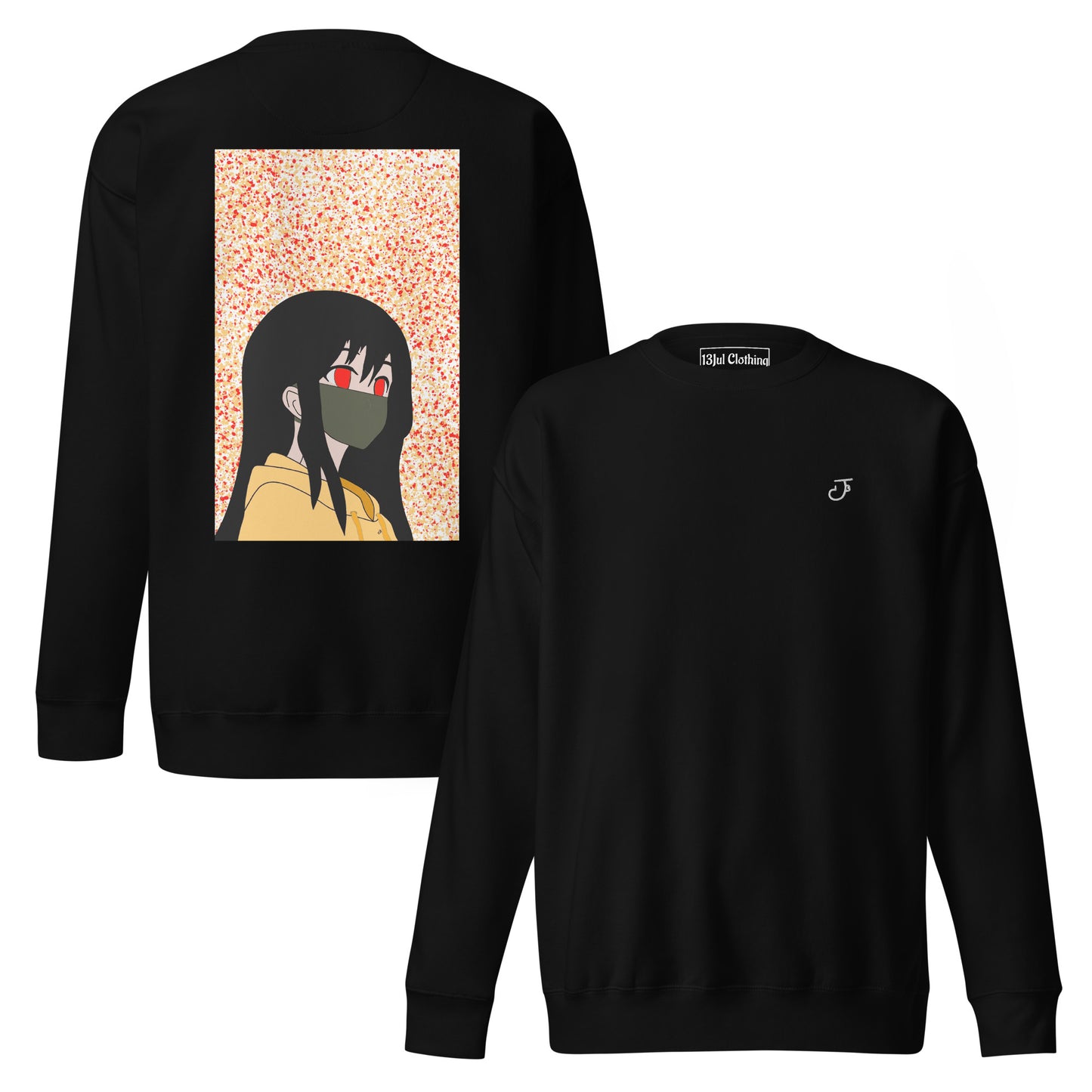 Black sweatshirt with an anime design on the back and 13Jul Clothing logo on the chest, displayed on a white background.
