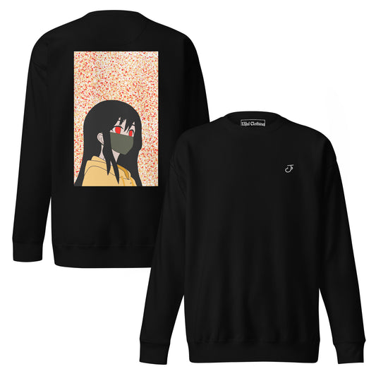 Black sweatshirt with an anime design on the back and 13Jul Clothing logo on the chest, displayed on a white background.
