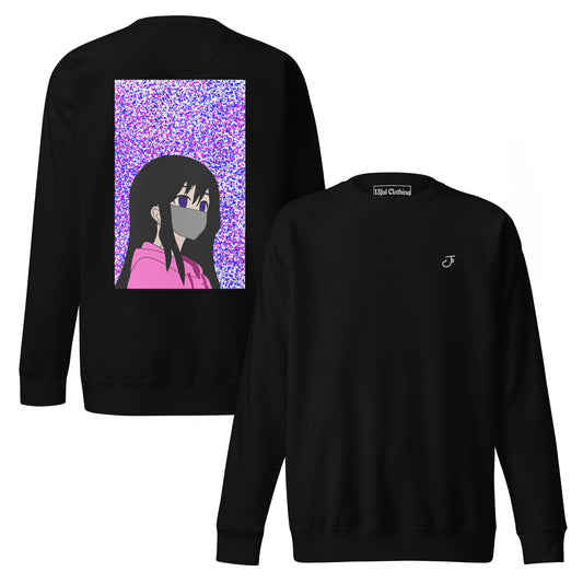 Black sweatshirt with an anime design on the back and 13Jul Clothing logo on the chest, displayed on a white background.

