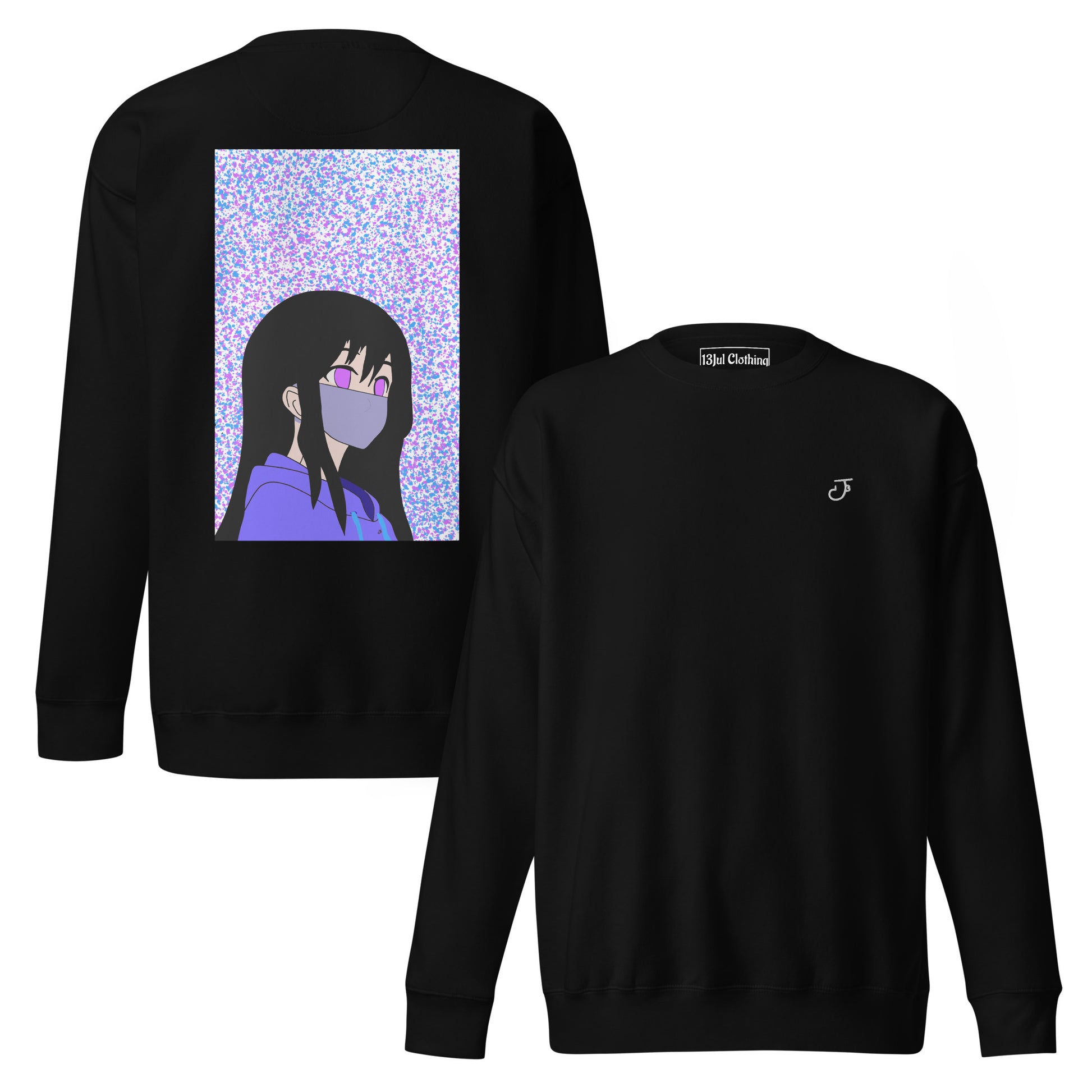 Black sweatshirt with an anime character graphic on the back and a 13Jul Clothing logo on the front, displayed against a white background.