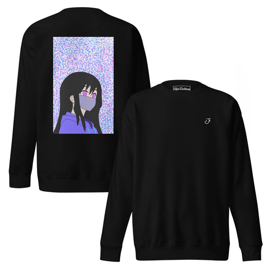 Black sweatshirt with an anime character graphic on the back and a 13Jul Clothing logo on the front, displayed against a white background.