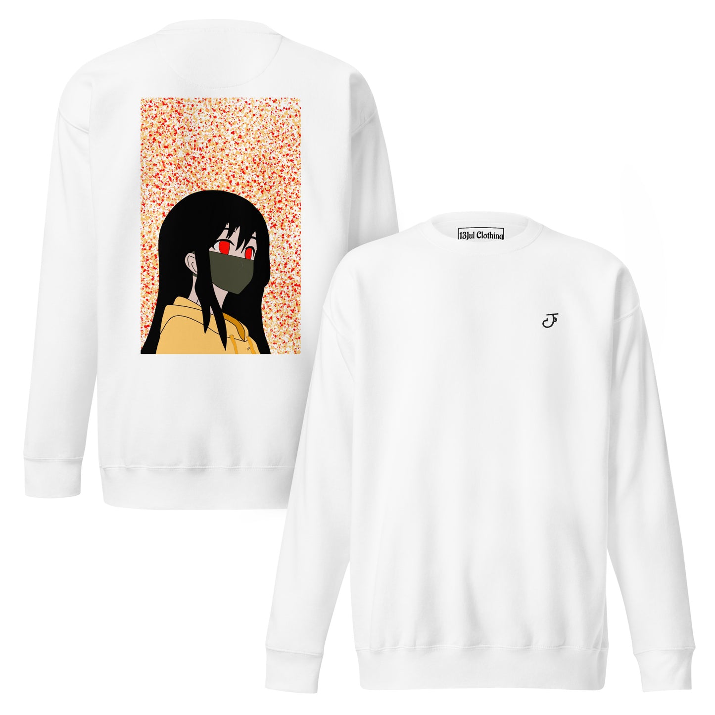 White sweatshirt with an anime design on the back and 13Jul Clothing logo on the chest, displayed on a white background.
