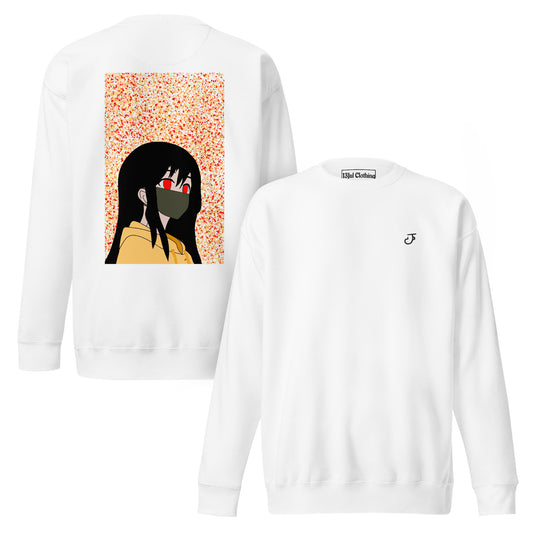 White sweatshirt with an anime design on the back and 13Jul Clothing logo on the chest, displayed on a white background.
