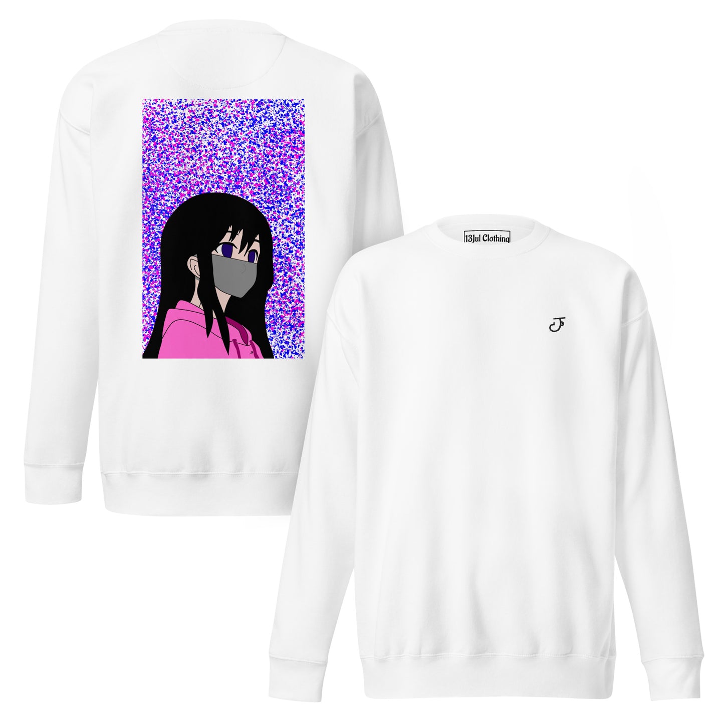 White sweatshirt with an anime design on the back and 13Jul Clothing logo on the chest, displayed on a white background.
