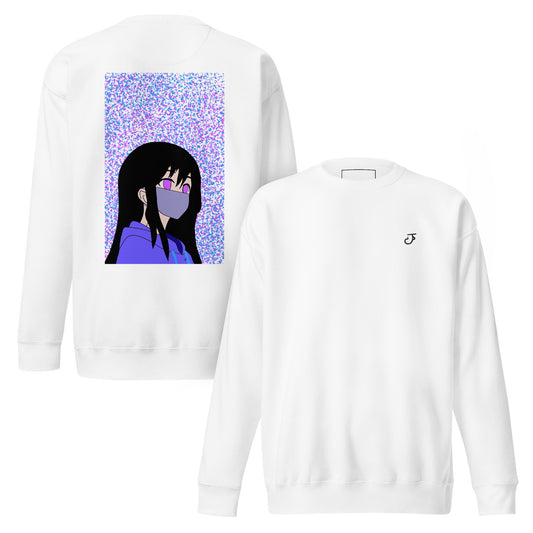 White sweatshirt with an anime character graphic on the back and a 13Jul Clothing logo on the front, displayed against a white background.