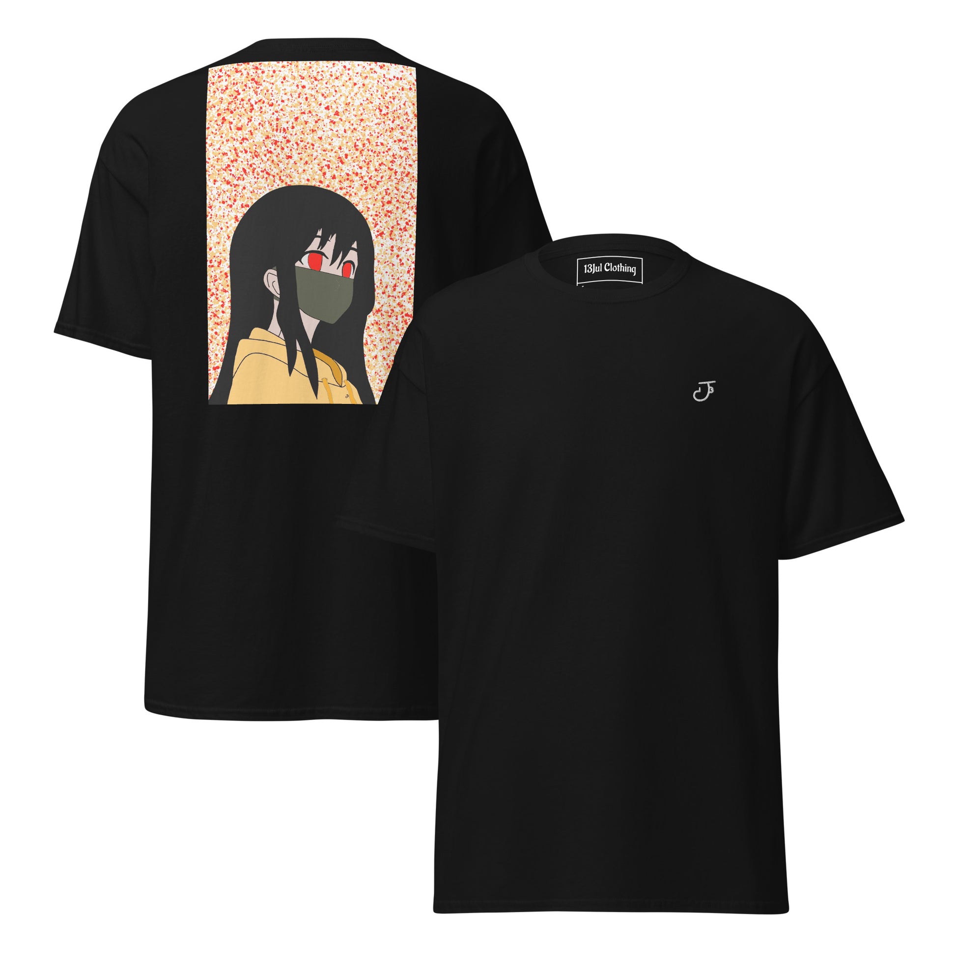 Black t-shirt with a anime design on the back and 13Jul Clothing logo on the chest, displayed on a white background.
