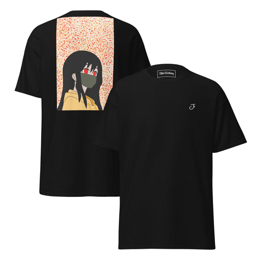 Black t-shirt with a anime design on the back and 13Jul Clothing logo on the chest, displayed on a white background.
