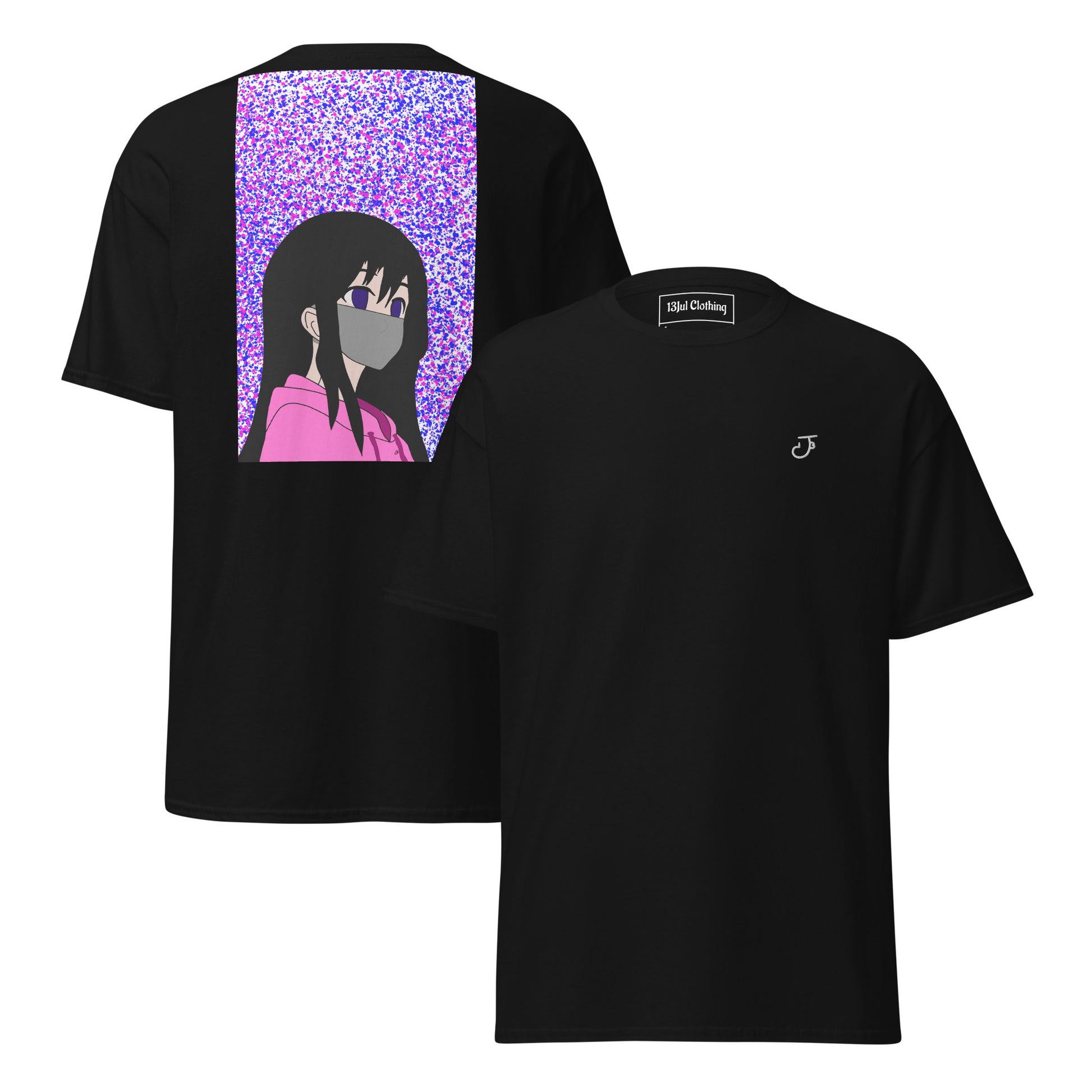 Black t-shirt with an anime design on the back and 13Jul Clothing logo on the chest, displayed on a white background.
