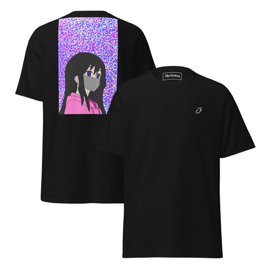 Black t-shirt with an anime design on the back and 13Jul Clothing logo on the chest, displayed on a white background.
