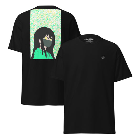 Black t-shirt with an anime design on the back and 13Jul Clothing logo on the chest, displayed on a white background.

