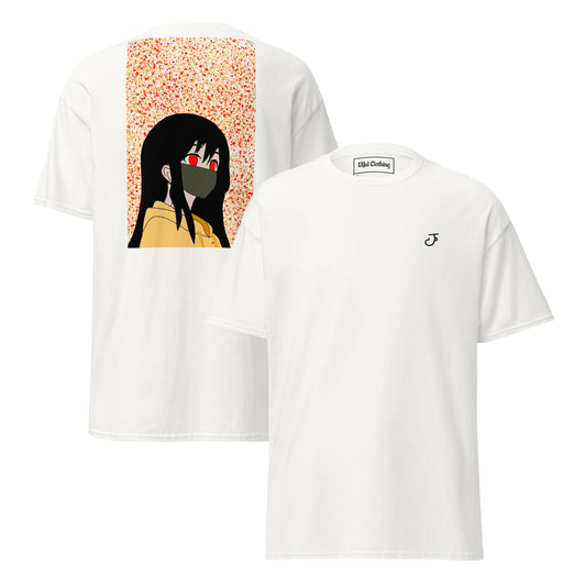 White t-shirt with an anime design on the back and 13Jul Clothing logo on the chest, displayed on a white background.
