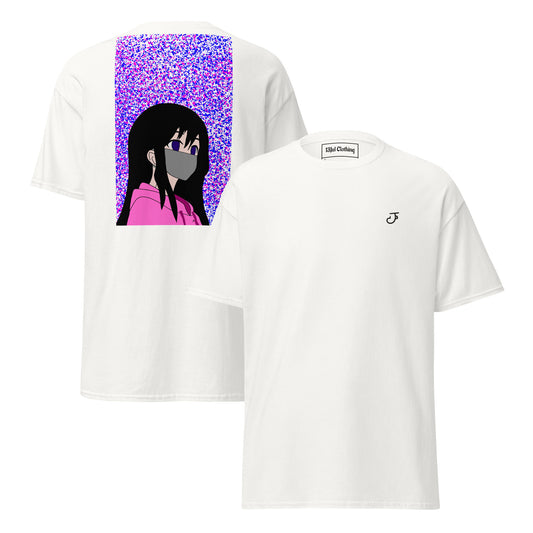 White t-shirt with an anime design on the back and 13Jul Clothing logo on the chest, displayed on a white background.
