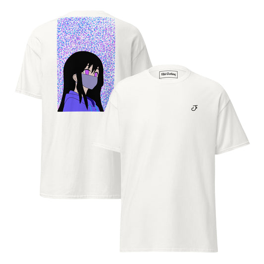 White t-shirt with an anime design on the back and 13Jul Clothing logo on the chest, displayed on a white background.
