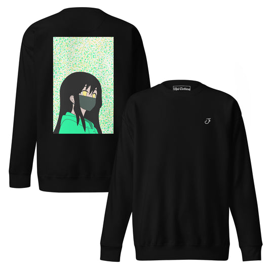 Black sweatshirt with an anime design on the back and 13Jul Clothing logo on the chest, displayed on a white background.
