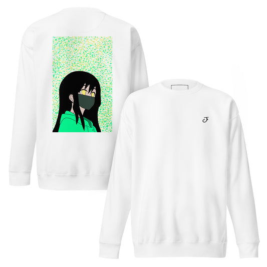 White sweatshirt with an anime design on the back and 13Jul Clothing logo on the chest, displayed on a white background.

